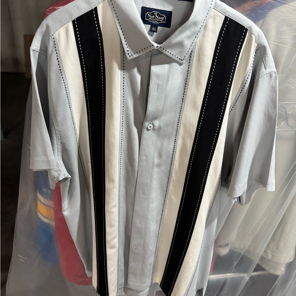 Nat Nast Gray and Black Striped Button Down Shirt 70% Silk/30% Corton